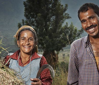 Ein Paar bei der Ernte im Rawain-Tal, einem Projektgebiet der Organisation Navdanya an den Auslaeufern des Himalaya.  Die Organisation Navdanya wurde 1987 von der alternativen Nobelpreistraegerin Vandana Shiva gegruendet. Navdanya betreibt Saatgutbanken und bewahrt und vermehrt somit traditonelles Saatgut. Ausserdem schult sie Bauern in biologischem Anbau. So ist eine Gegenbewegung gegen die grossen Agrakonzerne entstanden. Projekt: Navdanya
