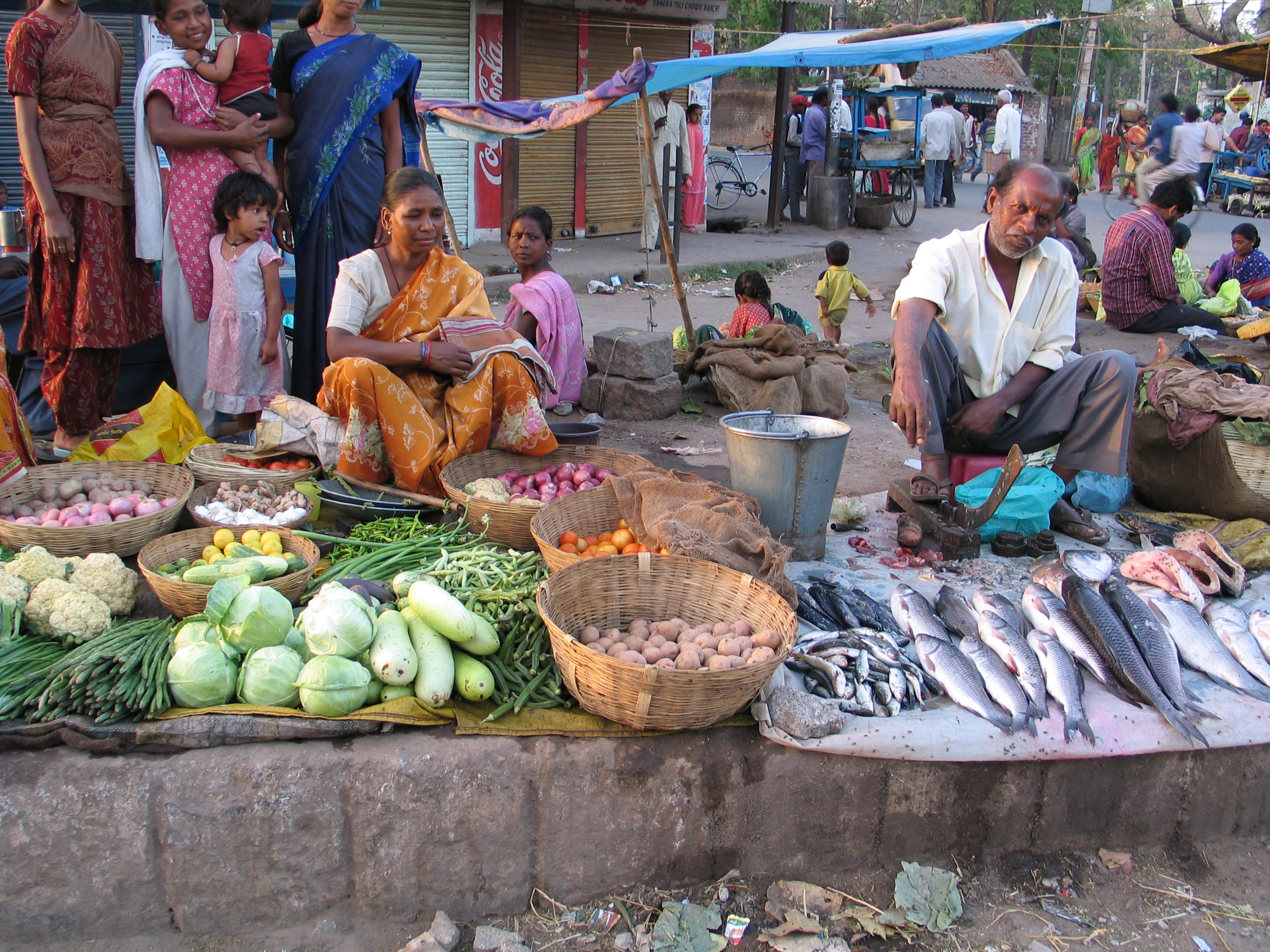 Indische Händlerinnen und Händler verkaufen am Straßenrand Gemüse und Fisch