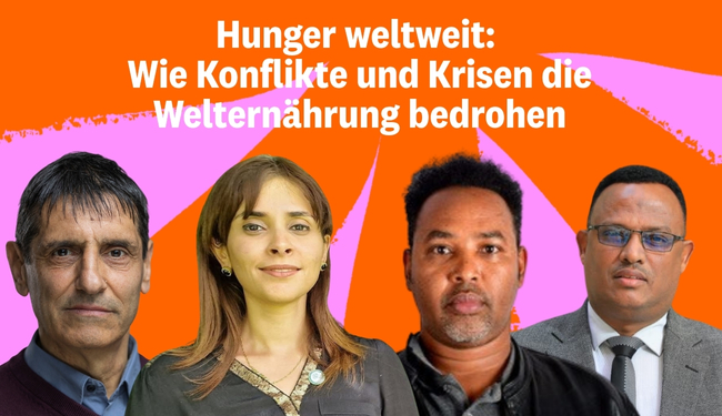 Thumbnail für die Online-Veranstaltung "Hunger Weltweit", auf dem Bild sind die vier Speaker*innen der Online-Veranstaltung zu sehen.