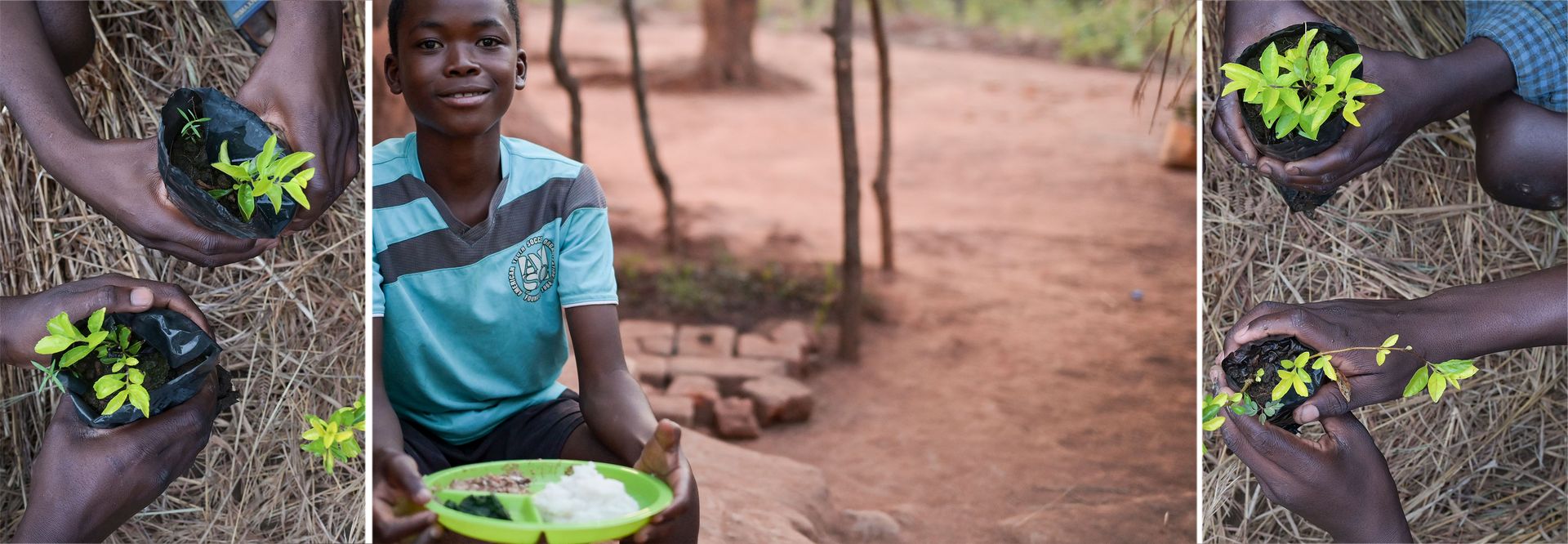 Malawi, Scope Permakultur Projekt Mantchewe Dorf, zu Hause bei Chimwemwe Gama, 13 Jahre, er geht in die 5. Klasse der Mantchewe Schule und ist Mitglied des Permakultur Klub, Abendessen mit Familie