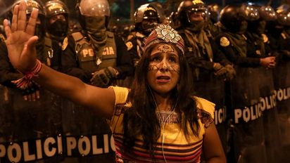 LIMA, PERU - FEBRUARY 04: Demonstrators hold an anti-government protest following the ouster of former Peruvian President Pedro Castillo, demanding the resignation of President Dina Boluarte and a new constitution in Lima, Peru, on February 4, 2023. Klebher Vasquez / Anadolu Agency