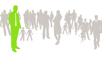 Illustration einer grauen Menschenmenge und ein Mann in grün