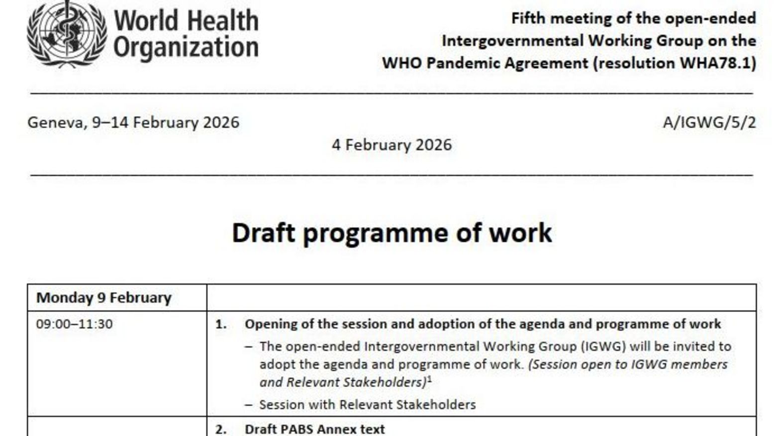 Agenda der Intergovernmental Working Group on the WHO Pandemic Agreement, die derzeit das PABS-System verhandelt 