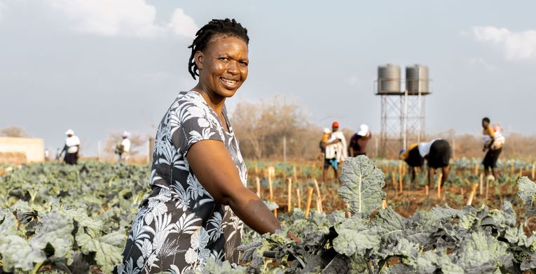 Beauty Nyathi (45) wässert ihr Feld im Community-Garten.Partnerorganisation: Consorcio