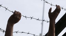 Nach der von ungarischer Seite beschlossene Abriegelung des Grenzuebergangs Horgos-Roeszke lagern die zumeist aus Syrien, Irak und Afghanistan kommenden Fluechtlinge im Niemandsland. Viele der Fluechtlinge demonstrieren gegen Schliessung der Grenze. Foto: Fluechtlinge lassen sich in ihrem Protest vom Stacheldrahtverhau der urgarischen Grenzanlage nicht abhalten.