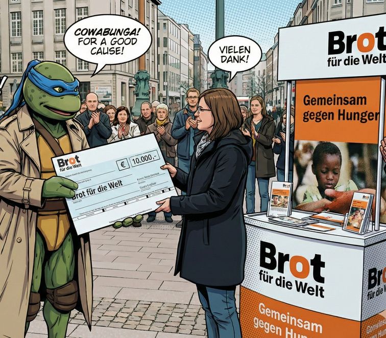 Eine Ninja Turtle übergibt einen Spendenscheck