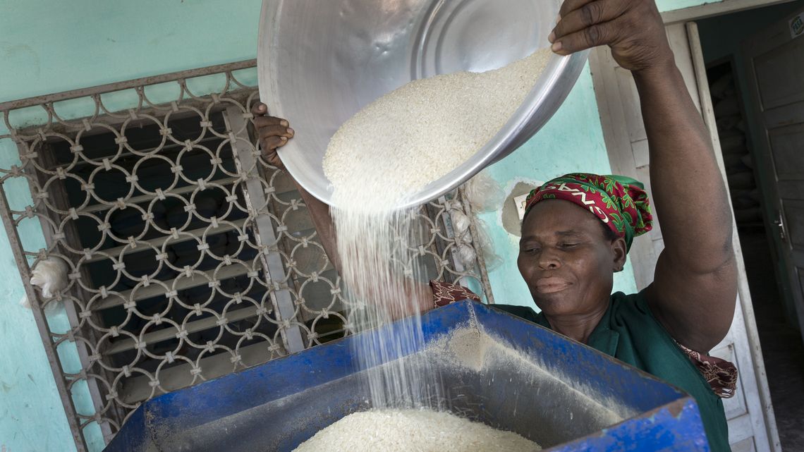 Ausland, Afrika, Westafrika, Togo, Ressourcen, Ernährung, Ernährungssicherheit, Nahrung, Lebensmittel, Nahrungsmittel, Landwirtschaft, Roherzeugnis, Verbraucher, Konsument, Grundnahrungsmittel, Reis, Trockenreis, Verarbeitung, Weiterverarbeitung, Frau, Frauenarbeit, Arbeiterin, Reis, Reiskörner, Schüssel