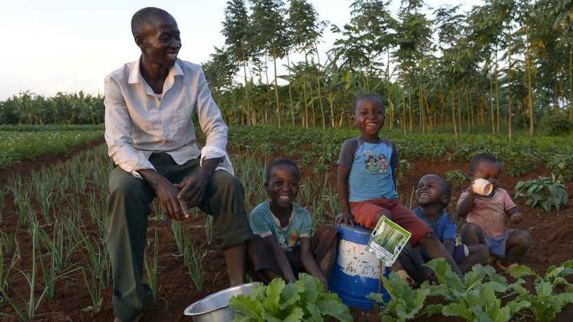 TANSANIA, Tarime Distrikt, MFEC - Mogabiri Farm Extension Centre,  Dorf Kewamaba, Hof von Isaya Mwita, 34 Jahre, und seiner Frau Grace, 23 Jahre, Isaya und Kinder im Gemuesegarten am Abend