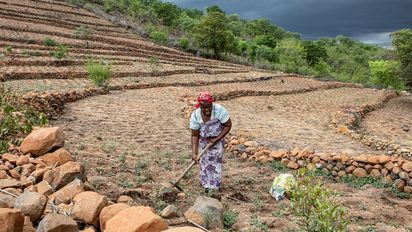Eine afrikanische Frau arbeitet auf ihrem Feld, im Hintergrund dunkler Himmel.
