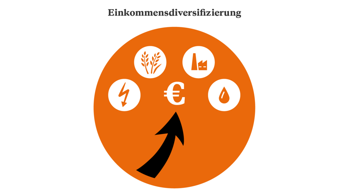Illustration eines Pfeils der auf ein Eurozeichen und verschiedene Icons zeigt