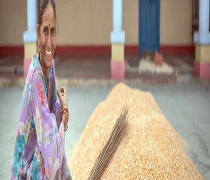 An organic farmer puts her harvest into a heap in front of her house in the Indian village of Bhoodpur near Dehradun. She practices organic farming according to the method of the partner organisation Navdanya.