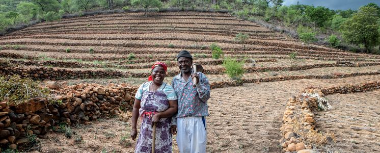 Evelyn und Gift Dirani Gift Dirani (65) und seine Frau Evelyn (61) leben mit 5 ihrer 11 Kinder und 3 Enkelkindern auf ihrem Hof in Nyanyadzi, Chimanimani an der Ostgrenze Simbabwes. Die Region hat eine schwere Dürre erlebt und ist vom Klimawandel stark betroffen. Dadurch sind die Kleinbauern von großen Verlusten bei der Ernte und dem Viehbestand bedroht.Projektpartner: Towards Sustainable Use of Resources Organisation (TSURO)