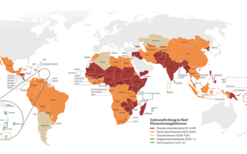 Die Weltkarte stellt die Werte dar, welche Anpassungsfinanzierung 129 Staaten der Erde erhalten.
