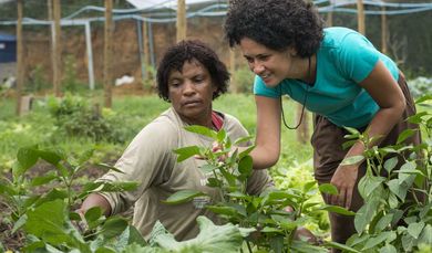 Danielle dos Santos Sanfins from AS-PTA advises Rosineia Suares in Parque Geneciano Luz / Brazil in the greenhouse of the cooperative Univerde. (Photo: Thomas Lohnes)