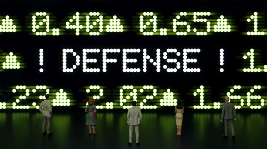 Die weltweiten Ausgaben für Rüstungsgüter sind in zehn Jahren um 41 Prozent gestiegen. Geschäftsleute analysieren die Verläufe von Rüstungsaktien