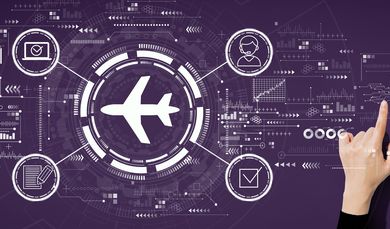 Flight ticket booking concept with person using a white smartphone
