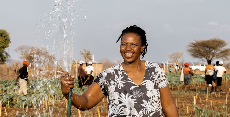 Beauty Nyathi (45) wässert ihr Feld im Community-Garten.Partnerorganisation: Consorcio