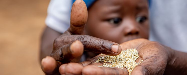 Hunger in Afrika Simbabwe Hand hält Hirse, im Hintergrund das Gesicht eines Babys.