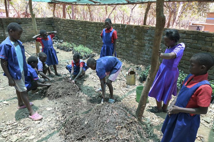 Kinder beim Umgraben des Komposts in der Baumschule