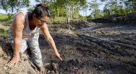 Belia am Rand der verseuchten Fläche - Regenwald, der vor über 10 Jahren nach dem Bruch einer Piepline von Öl verseucht und seither nicht nutzbar ist. Nach jahrelangem Streit ist die Erdölgesellschaft nun endlich bereit, den Schaden zu beheben und die Fläche zu reinigen, Anwesen des Ehepaares Belia Vaca (53 Jahre) und Galo Rodgrigues (63), Ort "Y del Mitad del Mundo", Provinz Sucumbíos, Ecuador; Foto: Florian Kopp / Brot für die Welt