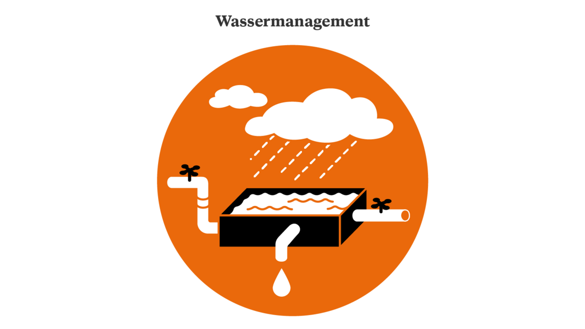 Illustration eines Auffangbeckens mit Regenwasser und Wasserrohren 