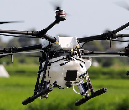 Drohne die über ein grünes Reisfeld fliegt
