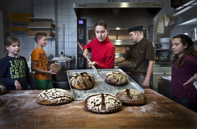 5.000 Brote – Konfis backen Brot für die Welt DEU, Deutschland, Berlin, 22.09.2014: Im Rahmen der Aktion: "5.000 Brote – Konfis backen Brot für die Welt" backt Bischof Markus Dröge mit Konfirmanden in der KuchenRausch's Feinbäckerei in Berlin - Friedrichshain Brote.Unter dem Motto: „5.000 Brote – Konfis backen Brot für die Welt", startet die Aktion von Handwerk und Bäckerinnung zu Gunsten von Brot für die Welt. Mit den Erlösen werden Bildungsprojekte von Brot für die Welt in Ghana, Kolumbien und Bangladesch unterstützt.(Hermann Bredehorst/Brot für die Welt)|September. 24. 2014, Germany, Berlin, Berlin: 5.000 Brote – Konfis backen Brot für die Welt |
