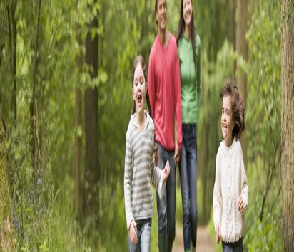 German Family is walking through an forest, holding hands