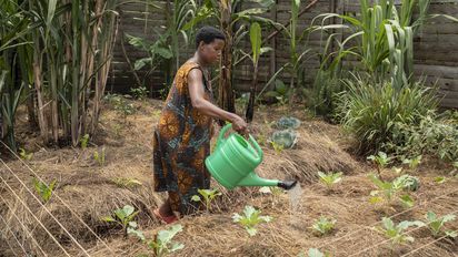 Joy Kamusiime, 38, bewässert den Gemüsegarten ihres Hauses im Dorf Kikunda 1 im Distrikt Rwampara. Projektpartner: ACORD - Agency for Cooperation in Research and Development