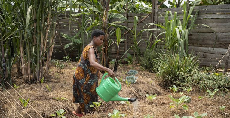 Joy Kamusiime, 38, bewässert den Gemüsegarten ihres Hauses im Dorf Kikunda 1 im Distrikt Rwampara. Projektpartner: ACORD - Agency for Cooperation in Research and Development