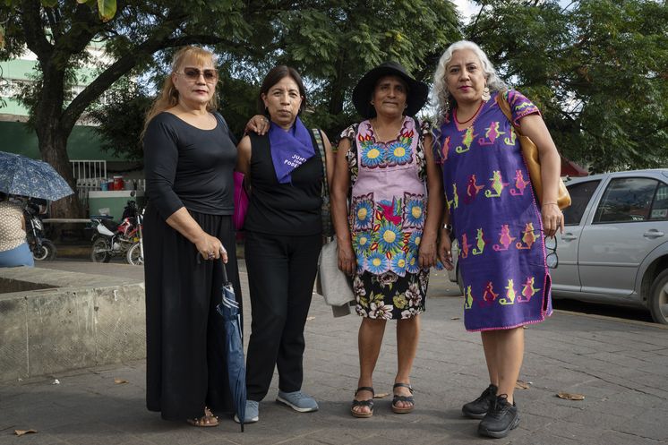 Oaxaca, Mexiko, 25.11.2025: Von links nach rechts Zoila Bengochea, Maria de Lourdes López Velasco, Yolanda Pérez, Yésica Sánchez Maya Der Orange Day, ein internationaler Aktionstag zur Bekämpfung von Gewalt gegen Frauen und Mädchen, wird in Oaxaca mit einem Demozug vom bekannten "Antimonumenta" bis ins histroische Zentrum begangen.