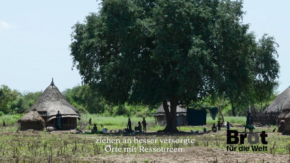 Menschen in einem Dorf sitzen unter einem großen Baum der Schatten spendet