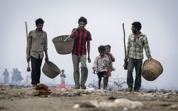 Bei Tagesanbruch gehen die Waste-Picker auf den alten, unter starker Rauchentwicklung schwelenden Teil der Muellkippe. 2. Person v. links: Durgarao Potluri (28 Jahre) mit seinen Soehnen David (5 Jahre) und Durga Prasad (7 Jahre). Die Waste-Picker haben ihre Sammelkoerbe und die an einem Stock befestigten Magneten dabei, mit denen sie kleine Metallteile aus der gluehenden Asche der Abfallberge ziehen.