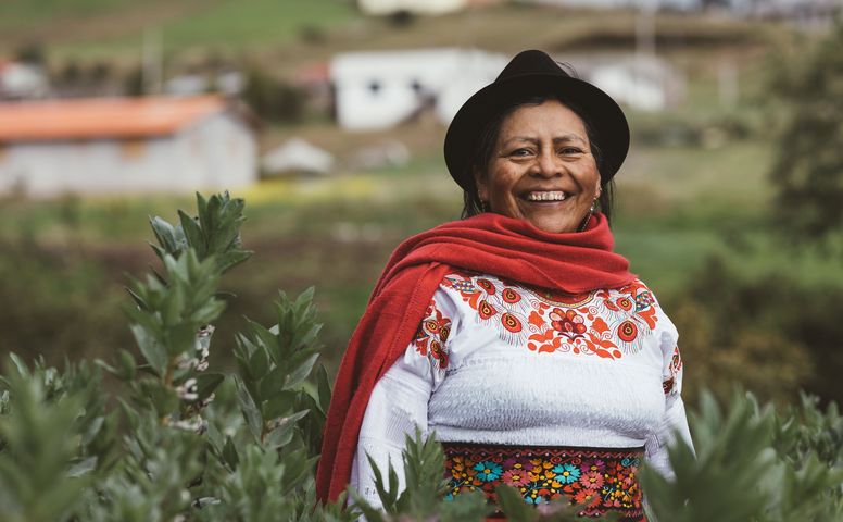Erlinda Pillajo (49) Vorsitzende von Biovida, Leiterin Kommunikationsteam erntet Erbsen  auf ihrer Farm, der Finca El Laurel (Loorbeerbaum)Projektpartner: SEDAL - Fundacion Servicios para el Desarrollo Alternativo