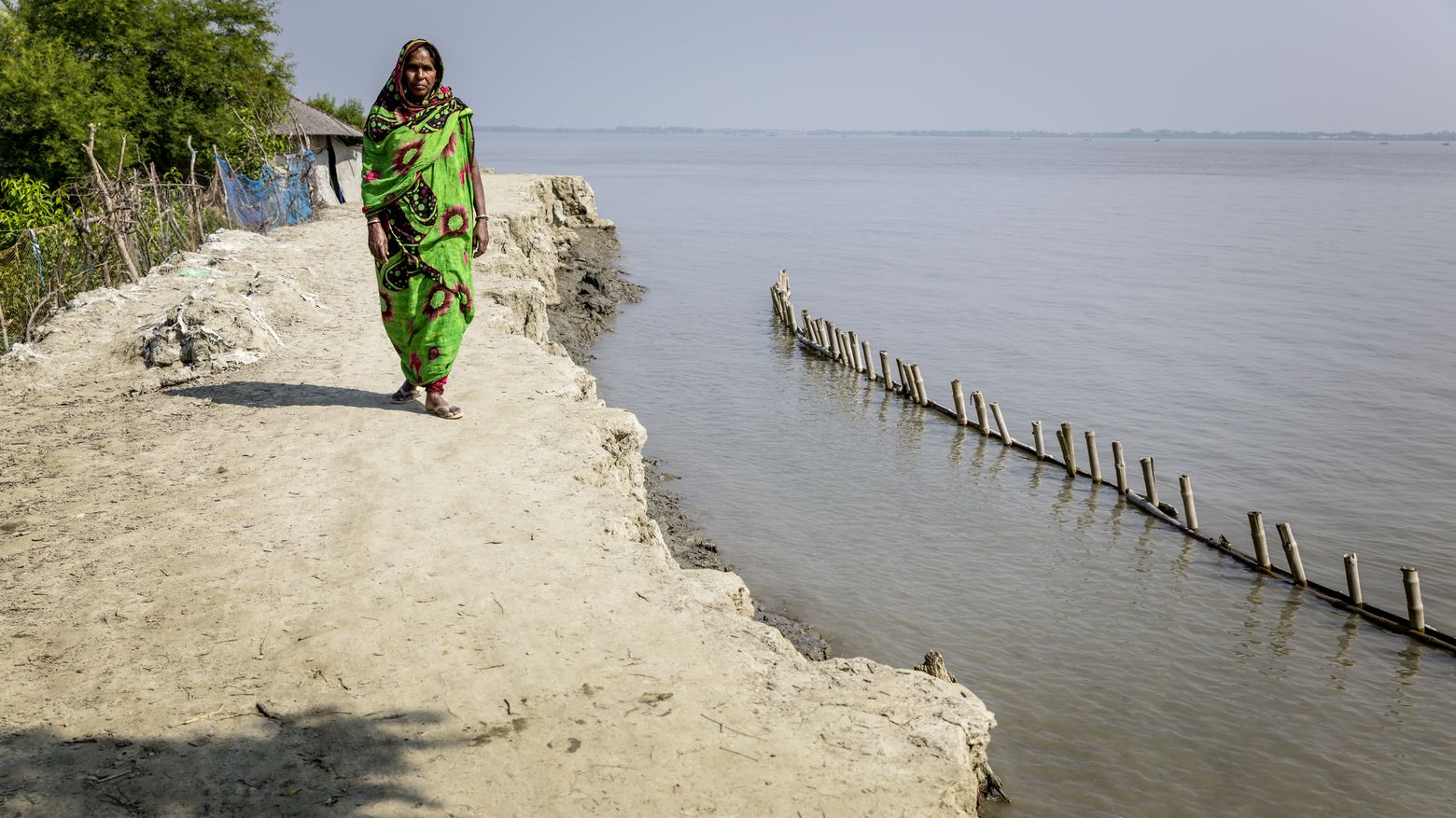 Eine Frau geht über einen Deich in Bangladesch.