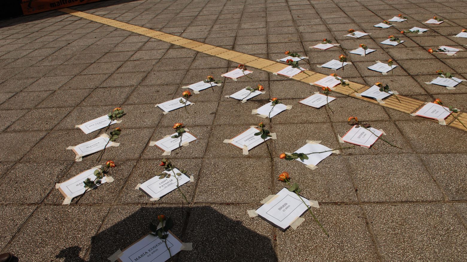 Weiße Zettel mit den Namen von ermordeten FLINTA* liegen auf einem öffentlichen Platz. Als Gedenken an die Opfer von geschlechtsspezifischer Gewaltliegt liegt daneben eine Rose.