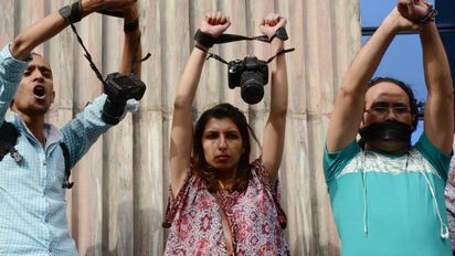 May 3, 2016 - Cairo, Cairo, Egypt - Egyptian Journalists take part during a protest against the arrests of fellow journalists outside the Egyptian Journalist syndicate headquarters in the capital Cairo on May 3, 2016 on the occasion of World Press Freedom day