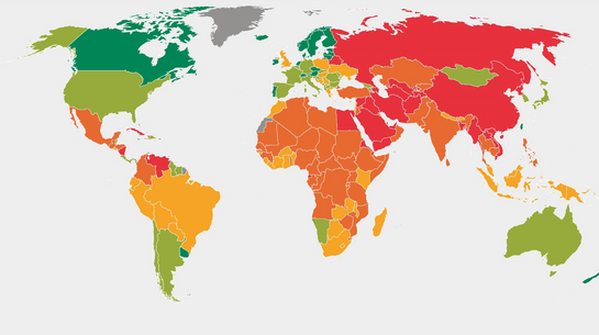 Die Weltkarte des Atlas der Zivilgesellschaft 2024 zeigt, dass Freiheitsrechte in den meisten Ländern dieser Welt beschränkt werden.