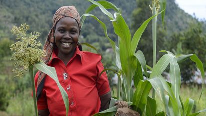 Frau Rose Siriveyi (47) aus dem Dorf Saride bei der Begutachtung ihres Sorghum Felds. Sie wird von der Organisation Rural Service Programme (RSP) beim biologischen Anbau von traditionellen Sorten und Sortenvielfalt unterstuetzt um eine gesunde Ernaehrung zu gewaehrleisten. Projekt: Rural Service Programme (RSP)