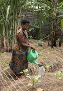 Joy Kamusiime, 38, bewÃ¤ssert den GemÃ¼segarten ihres Hauses im Dorf Kikunda 1 im Distrikt Rwampara. Projektpartner: ACORD - Agency for Cooperation in Research and Development