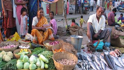 Stand eines Marktes in Indien mit Gemüse und totem Fisch