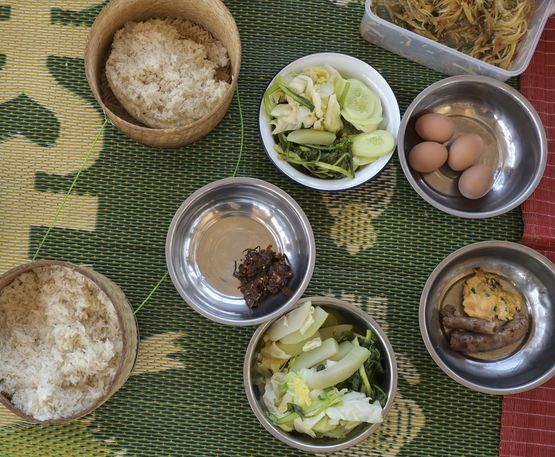 Mittagstisch mit lokalen Speisen und Klebreis in Bastbehältern.Projektpartner:  ACD - Association for Community Development