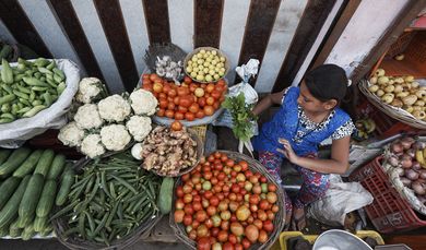 Asien, Indien, Navdanya, Marktstand, Markt, Auslage, Gemuese, Vielfalt, Sorten, Sorte, Korb, Koerbe, Ernaerhung, Maedchen