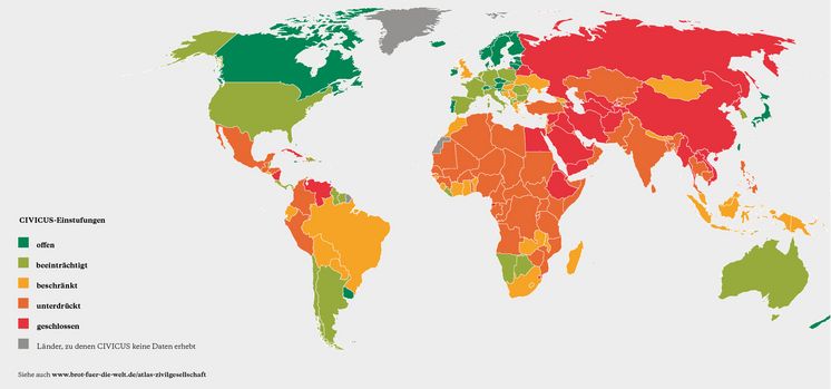 Karte der Welt, Länder eingefärbt je nach Freiheitsgrad der Zivilgesellschaft
